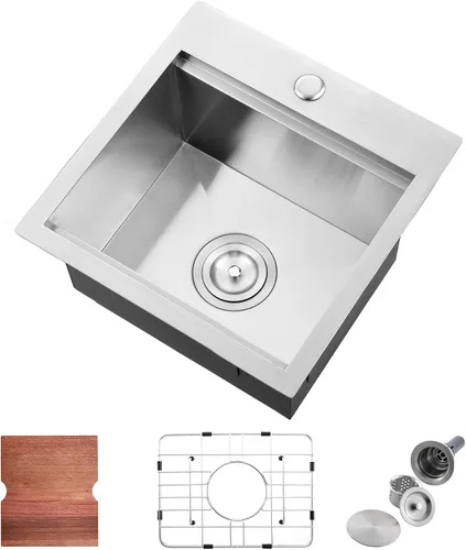 Miniatura 11 de Fregadero de cocina desplegable de 15 x 15 pulgadas, fregadero de cocina de acero inoxidable calibre 16, fregadero compacto de montaje superior