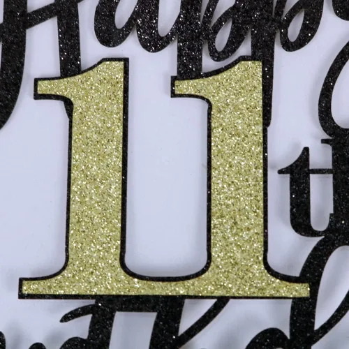 Miniatura 8 de Decoración para tartas de cumpleaños número 11 con purpurina negra y dorada, decoración de pastel de cumpleaños de 11 años y fabuloso cumpleaños