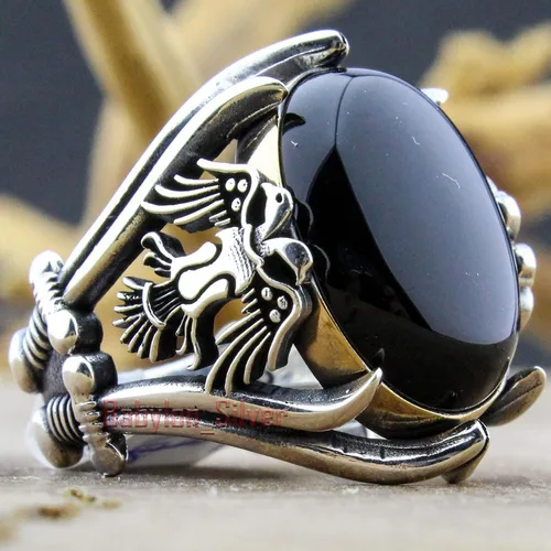 Miniatura 2 de Anillo de hombre de águila de lujo hecho a mano con piedra de ónix de plata de ley 925 maciza