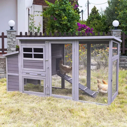 Aivituvin Jaula grande de madera para aves de corral de 78 pulgadas, gallinero con rampas, carrera, caja anidable (gris)