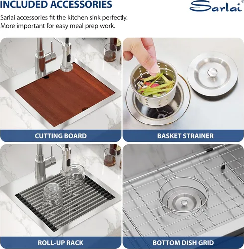 Miniatura 4 de Sarlai 15 Fregadero de Barra de 15x15 Pulgadas para Cocina, Fregadero de Barra de Acero Inoxidable de Calibre 16, Estación de Trabajo con Repisa