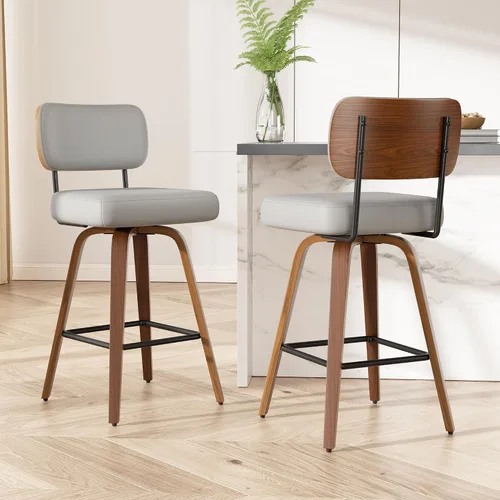Miniatura 43 de Juego de 1 taburete de bar giratorio, taburetes de bar tapizados de 26" de altura para encimera con respaldo de nogal y patas de madera curvada