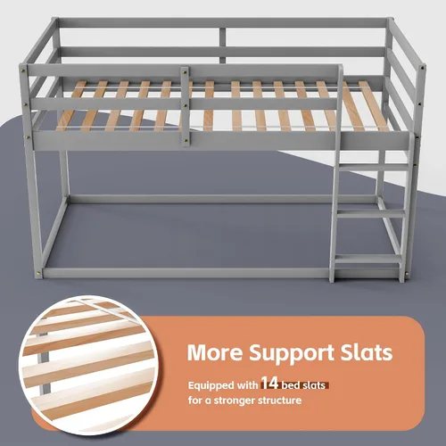 Miniatura 8 de TOLEAD Litera baja individual sobre individual, litera de suelo con escalera, litera individual con barandillas completas, litera de madera para Gris