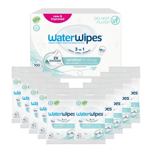 WaterWipes Sensitive+ On The Go Toallitas 3 en 1 limpias, cuidan, protegen, 99.9% de agua, toallitas húmedas sin perfume e hipoalergénicas, 100