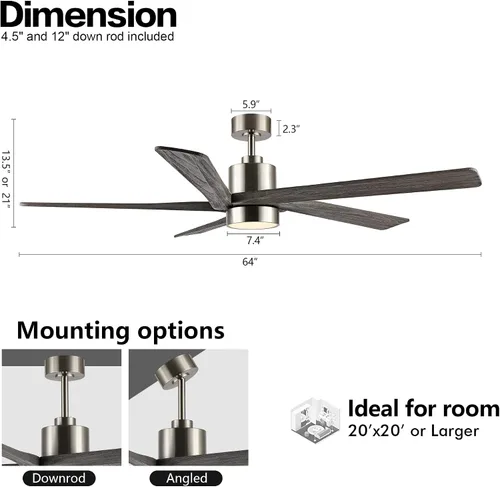 Miniatura 3 de WINGBO - Ventilador de techo DC de 64 pulgadas con luces y control remoto, 5 aspas reversibles de madera tallada, motor DC silencioso de 6 Níquel