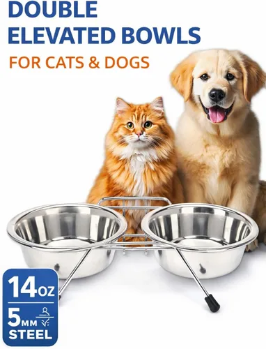 Miniatura 2 de Cuencos para mascotas para perros y gatos, con 2 cuencos, base de soporte de hierro, soporte para doble tazón, dos de acero extraíbles (14 onzas)