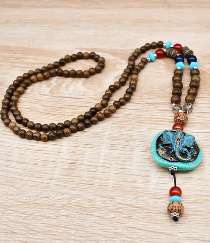 Miniatura 2 de Collar largo vintage hecho a mano con cuentas de madera turquesa para mujer joyería de moda Metal