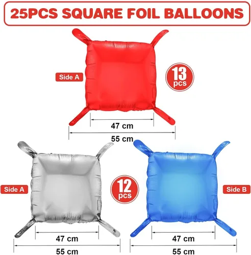 Miniatura 2 de Globos de aluminio cuadrados rojos, azules y plateados, kit de 25 globos de doble cara para fondo, túnel de helio, arco, guirnalda para el 4 de Rojo