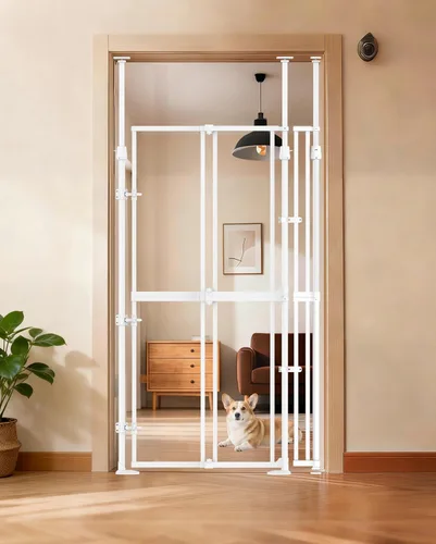 Puerta para gatos extra alta de 74.80-98.43 pulgadas para puerta, amplia y ajustable de 20.8-38 pulgadas, puerta transparente de seguridad para