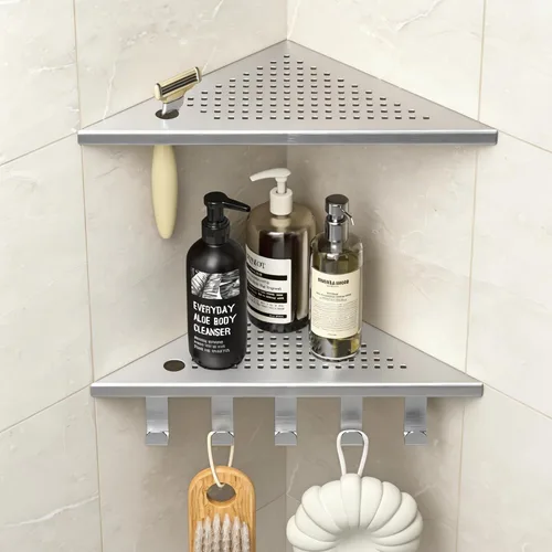 Estantes de ducha con ganchos, estante esquinero de baño de acero inoxidable 304 para pared de azulejos (cepillado, 10 pulgadas)