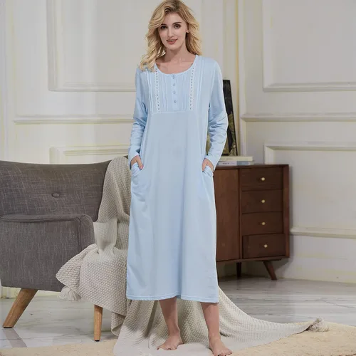 Miniatura 3 de Keyocean Camisones para mujer con bolsillos, 100% algodón, suave, ligero, manga larga, camisón para mujer