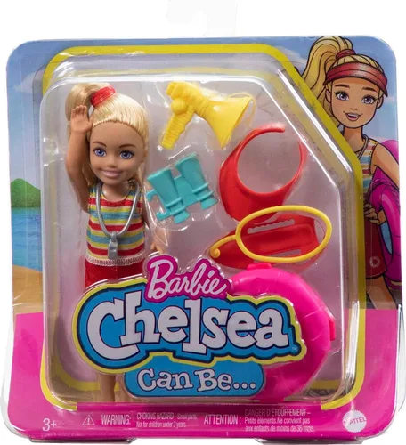Miniatura 5 de Set de juego Barbie, muñeca pequeña Chelsea que puede ser rubia de socorrista con atuendo y 6 accesorios profesionales