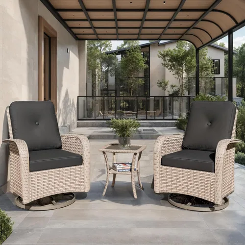 Juego de muebles de patio de 3 piezas, sillas mecedoras giratorias para exteriores con mesa auxiliar de ratán, juegos de mimbre para patio con