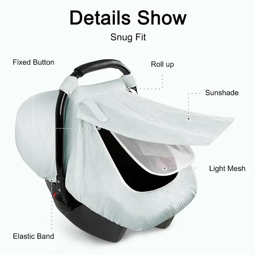 Miniatura 4 de Fundas de asiento de automóvil de muselina para bebés, funda de asiento de automóvil de verano para niños y niñas con ventana transpirable, toldo
