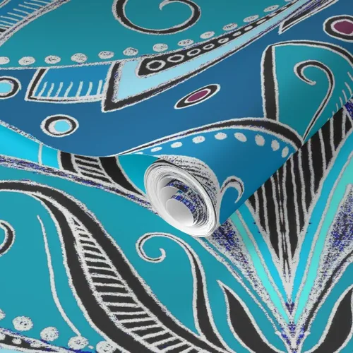 Miniatura 2 de Muestra de papel tapiz extraíble - Art Deco Lotus Teal Turquoise Negro Nouveau Retro Tea Geométrico Azul Aqua Papel pintado personalizado pre-pegado