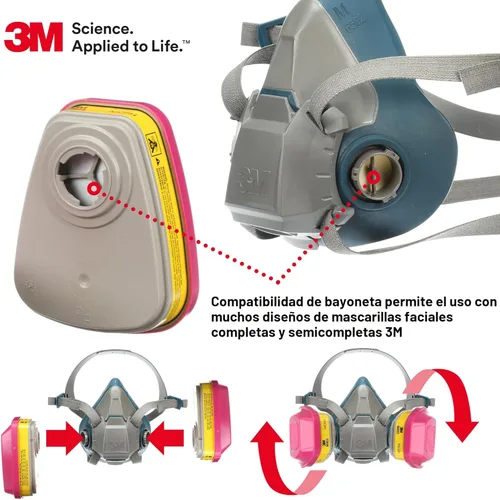 Miniatura 4 de 3M Cartucho/filtro respirador P100 60923, 1 par, aprobado por NIOSH, ayuda a proteger contra vapores orgánicos, gases ácidos y partículas, magenta