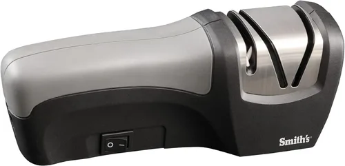 Smith's 50029 Afilador de cuchillos eléctrico compacto, inoxidable, afilador de cuchillos de cocina de 2 etapas, eléctrico y manual, guía de