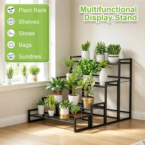 Miniatura 6 de VyGrow Soporte para plantas, soporte apilable para plantas de 4 niveles, estante escalable resistente para plantas altas para interiores y negro
