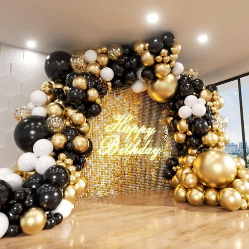Kit de arco de globos negros y dorados, ADOINBY 140 piezas de globos de látex confeti negros, blancos y dorados metálicos de 18, 12, 10 y 5