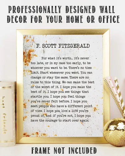 Miniatura 2 de F. Scott Fitzgerald - Por lo que vale la pena - Fondo de aspecto metálico - Impresión de página de libro de tipografía sin marco de 11x14 - Gran