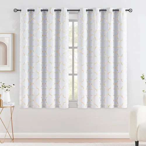 Miniatura 14 de Purainbow Cortinas opacas beige para dormitorio, sala de estar con paneles de impresión de lámina dorada, oscurecimiento de la habitación