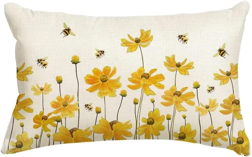 RABUSOFA Daisy Bee - Fundas de almohada de primavera y verano, color amarillo de temporada, decoración de verano para decoración del hogar, 12 x 20
