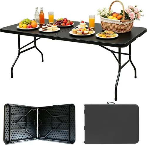Miniatura 8 de Mesa plegable portátil de plástico de 4 pies/6 pies/8 pies, mesa de picnic y comedor de alta resistencia, color blanco y negro, plegable a la mitad