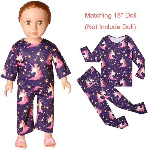 Miniatura 44 de QPANCY Conjunto de pijamas a juego para niñas y muñecas, pijamas de manga larga para otoño e invierno