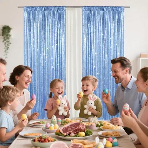 Miniatura 7 de PartyDelight Cortinas de fondo de lentejuelas color azul bebé, 2 paneles de 2 x 8 pies, alta densidad de 0.118 in, fondo de lentejuelas brillantes