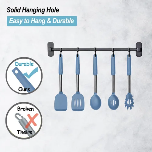 Miniatura 5 de Espátula de silicona y cuchara de cocina, paquete de 5 utensilios de cocina antiadherentes para la cocina, espátulas y cucharas sólidas y ranuradas