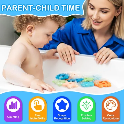 Miniatura 4 de Juguetes de baño para bebés, juguetes de baño de silicona para clasificar y apilar formas sin moho para niños de 1 a 3 años con 10 bonitas piezas