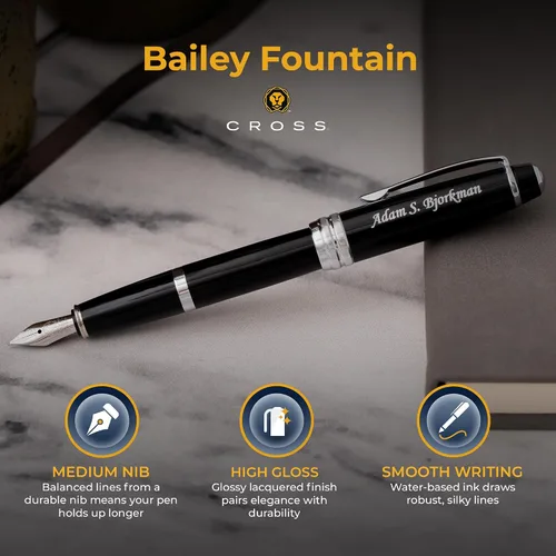 Miniatura 4 de Cross Bailey - Pluma estilográfica grabada, laca negra con borde plateado, anillo central con múltiples ranuras, grabado plateado en la tapa, regalo