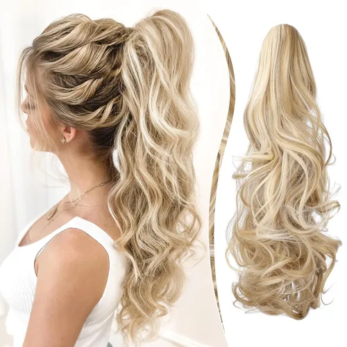 Miniatura 22 de Felendy Extensión de cola de caballo de 18 pulgadas, mezcla de rubio ceniza, marrón oscuro, rizado, ondulado, con clip, extensiones de cabello largo