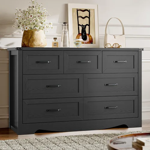 Miniatura 15 de BORNOON - Cómoda de 7 cajones para dormitorio, cómoda de madera moderna con manijas de metal, diseño antivuelco, organizador de almacenamiento Blanco