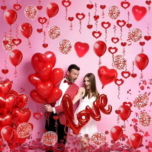 Miniatura 6 de Fecedy Globo de papel de aluminio en forma de amor y corazón, globos de látex redondos y en forma de corazón, globo de confeti, pétalos falsos