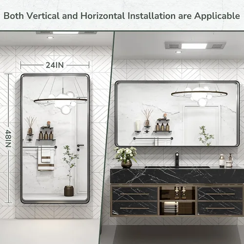 Miniatura 7 de TokeShimi - Espejo de pared de 48 x 24 pulgadas con marco de aluminio negro para baño, espejo de tocador de baño con marco de metal de esquinas