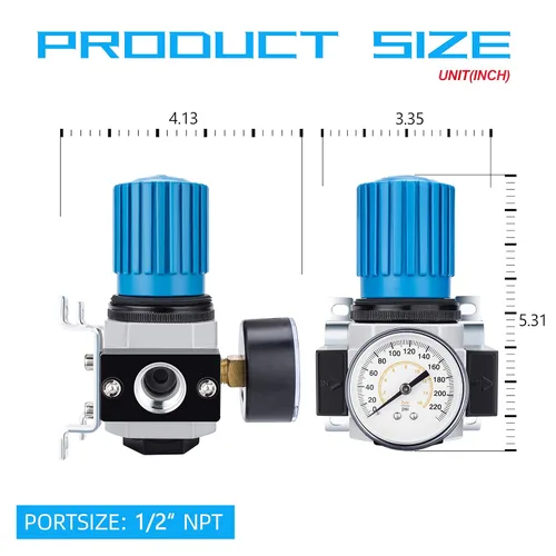Miniatura 3 de NANPU Regulador de aire de alta presión NPT de 1/2" con manómetro protegido de acero, 141-SCFM 230Psi (LR-04)