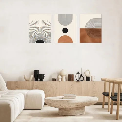 Miniatura 7 de FAEKSUR Juego de 3 arte para pared, moderno de mediados de siglo, línea geométrica neutra, sol, impresiones artísticas abstractas enmarcadas