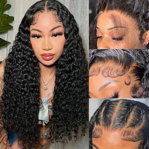 Miniatura 23 de Pelucas de cabello humano ondulado con encaje frontal 360 con correa oculta, nudos blanqueados, sin pegamento, previamente despuntadas, precortadas