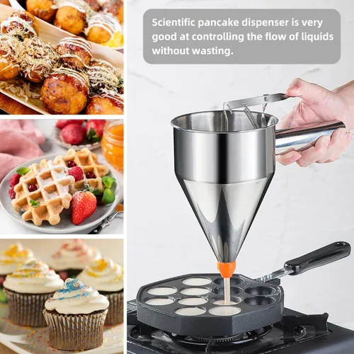 Miniatura 5 de Choxila Dispensador de masa para panqueques de 40 onzas, dispensador de pastel de embudo de acero inoxidable de 4 calibre con soporte, ideal