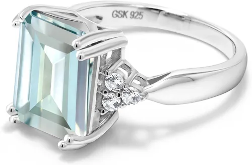Miniatura 36 de Gem Stone King Anillo de compromiso con piedra natal de 5-10 quilates para mujer, plata de ley 925, corte esmeralda de 0.47 x 0.394 pulgadas, anillo