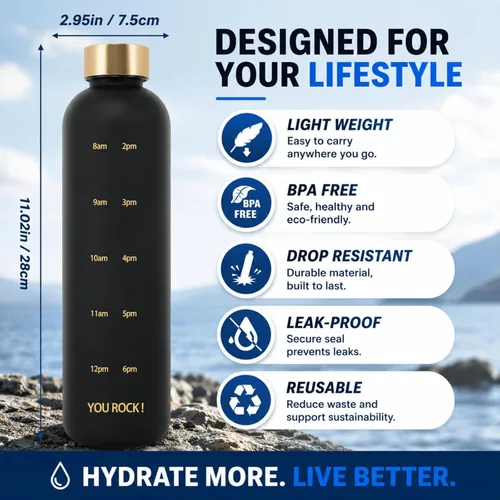 Miniatura 2 de Botella de agua de 32 onzas con tiempos para beber, botella de agua motivacional ligera con marcador de tiempo, sin BPA, reutilizable