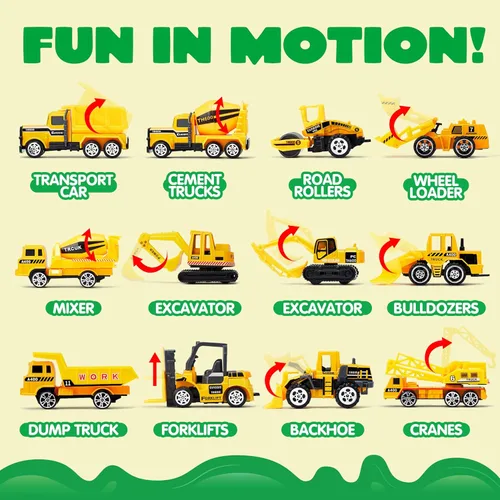 Miniatura 3 de JOYIN Juego de camiones de construcción 25 en 1 con 12 vehículos y 12 figuras de trabajadores, camiones de juguete Push and Go con sonido y luz