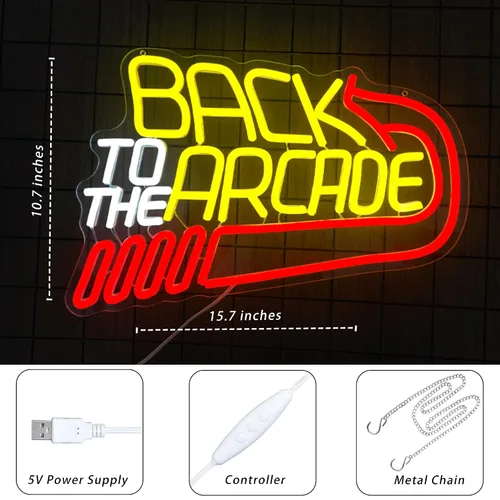 Miniatura 4 de Letrero de neón retro de Arcade grande, luz de neón "Back to the Arcade" regulable, letreros de neón para jugadores para decoración de pared