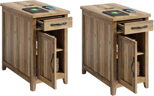 Miniatura 12 de LINSY HOME - Juego de mesas auxiliares de 2 piezas con estación de carga, mesa auxiliar moderna de estilo granja para sofá, mesa auxiliar de madera