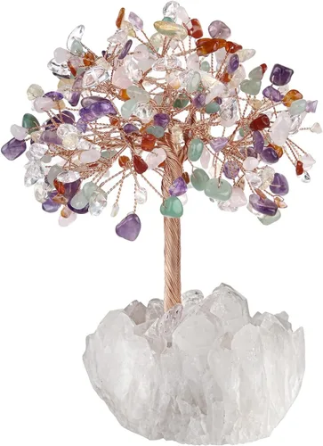 Miniatura 13 de Nupuyai Árbol de cristal de cuarzo rosa curativo hecho a mano con racimo de cuarzo de roca, árbol de dinero bonsái de piedra energética, decoración
