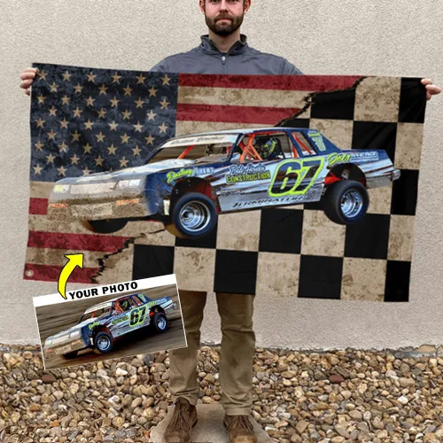 Miniatura 8 de Sprint Car Racing - Foto personalizada, nombre y número de carreras de bandera estadounidense a cuadros para amantes de las carreras de pista