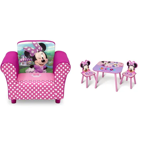 Delta Children Juego de silla tapizada, madera, Minnie Mouse de Disney y juego de mesa y silla para niños (2 sillas incluidas), ideal para artes y