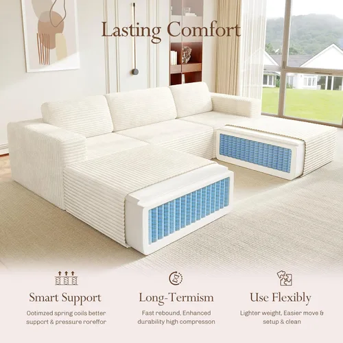 Miniatura 3 de Vesgantti Sofá modular en forma de U de 119 pulgadas, sofá modular de pana con asiento profundo y soporte de resortes, sofá convertible con 2 Beige