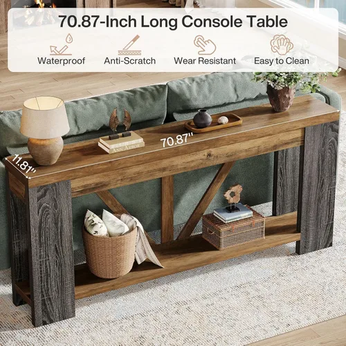 Miniatura 4 de Tribesigns Mesa de entrada extra larga de 70.9 pulgadas, mesa consola de madera de granja con almacenamiento, mesa de sofá moderna detrás del sofá
